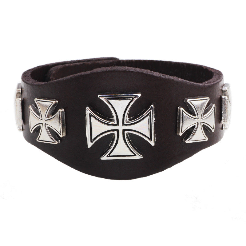 Wholesale Ancient  Cross Rivet Punk Style Cowhide Bracelet